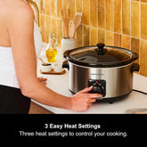 6.5L Silver Slow Cooker with Ceramic Pot, 3 Heat Settings, Easy Clean, Brushed Steel Family Cooker 461013